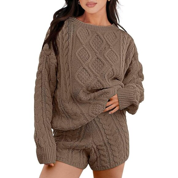 Women Brown 2 Piece Outfits Sweater Lounge Loungewear Sets Fall Cable Knit Sets - Picture 1 of 8